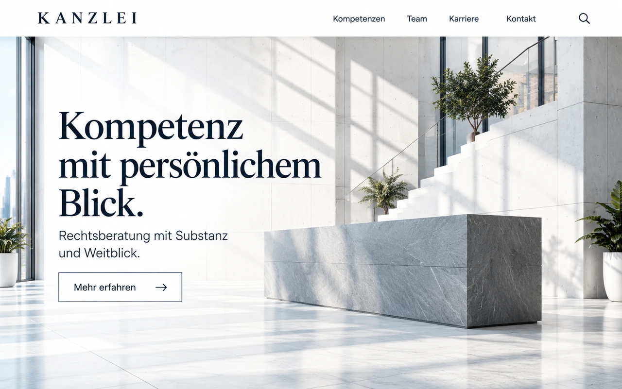 Designstudie: helle Startseite einer fiktiven Fachkanzlei mit lichtem Empfangsbereich