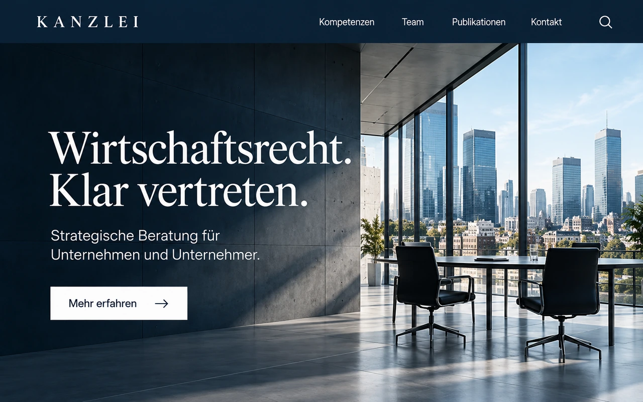 Designstudie: dunkle Startseite einer fiktiven Kanzlei für Wirtschaftsrecht mit Blick auf eine Stadtkulisse