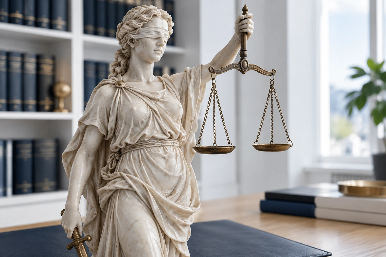 Helle Justitiafigur mit Augenbinde und Waage in einem Büro