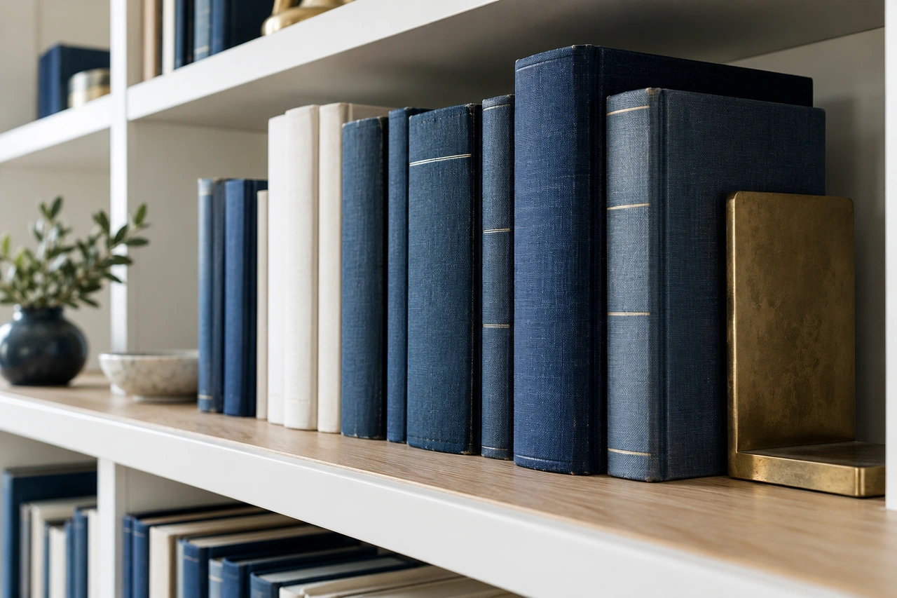 Dunkelblaue Bücher mit Leinenstruktur in einem hellen Regal