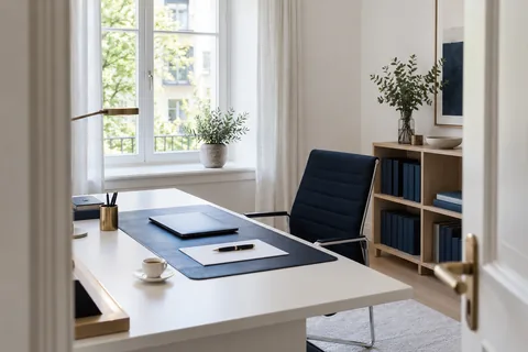 Heller Arbeitsplatz einer Kanzlei mit Schreibtisch und Bücherregal