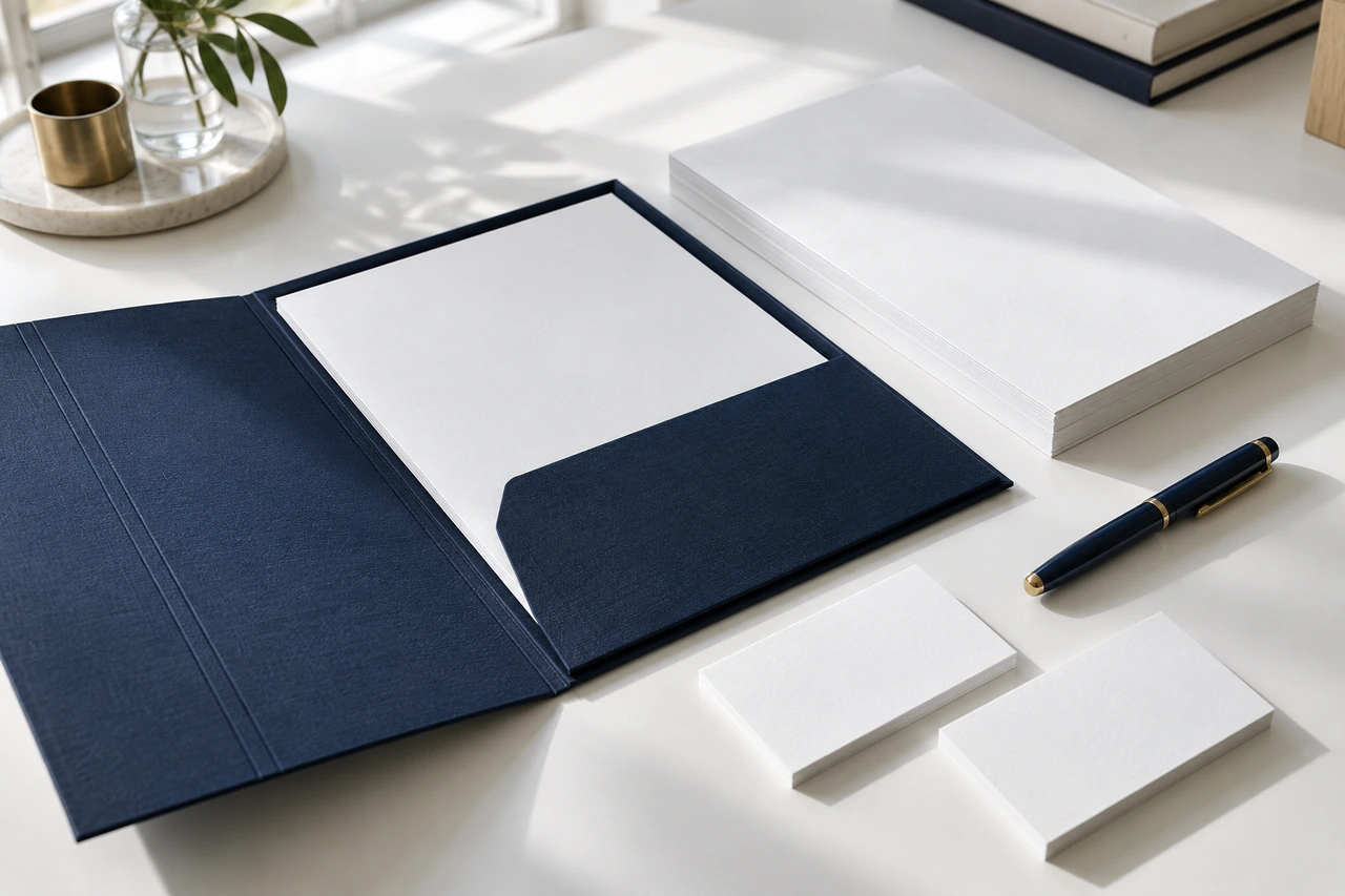 Dunkelblaue Mappe mit weißem Papier und unbedruckten Visitenkarten