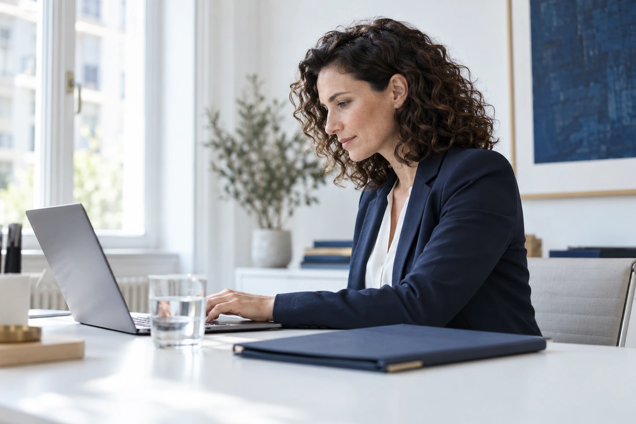 Frau arbeitet an einem Laptop in einem hellen Büro