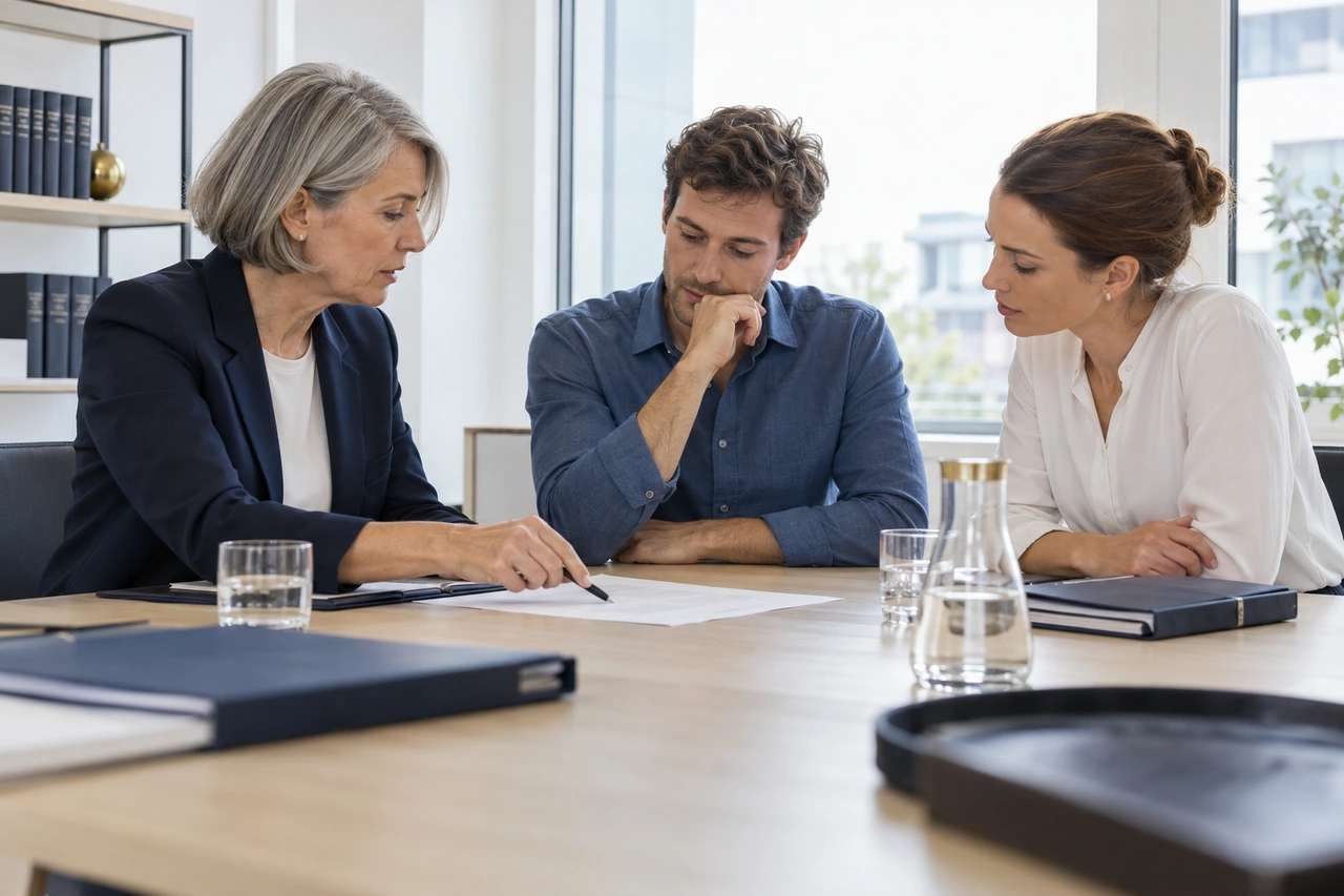 Drei Personen besprechen gemeinsam Unterlagen an einem Tisch