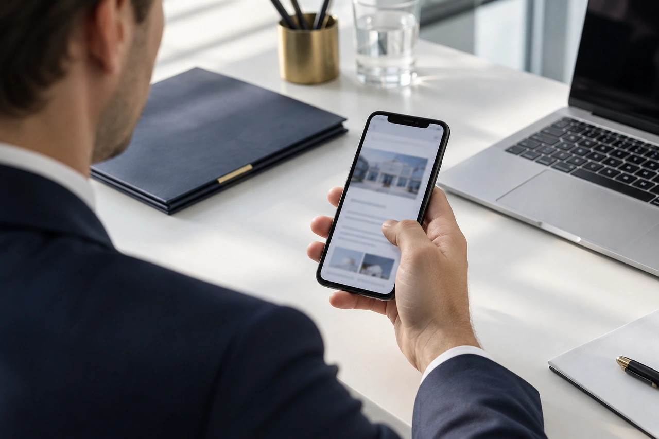 Person betrachtet eine Website auf einem Smartphone neben einem Laptop